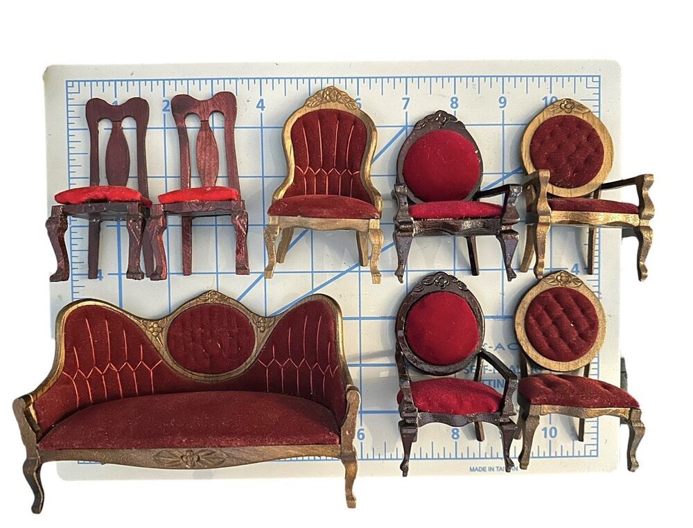 Victorian 1:12 Miniature Dollhouse Furniture Maroon Red Mahogany Sofa Chairs